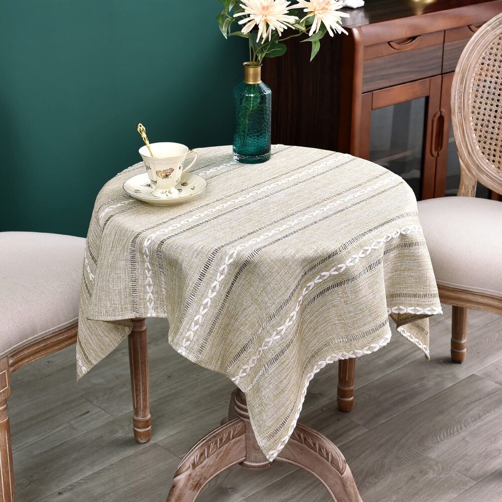 36x36 inch, Rustic Embroidered Square Tablecloth, Jacquard Striped Linen Texture
